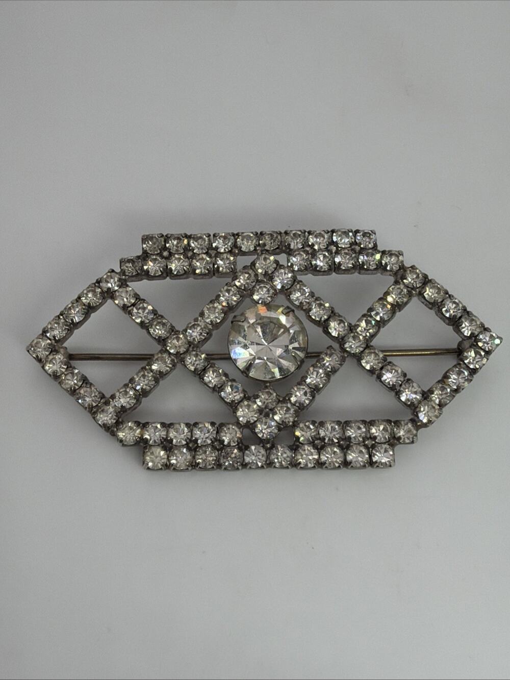 Vintage Art Deco Style Rhinestone Geometric Brooch Pin Silver Tone Openwork